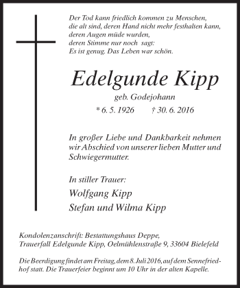 Traueranzeige von Edelgunde Kipp von Neue Westfälische