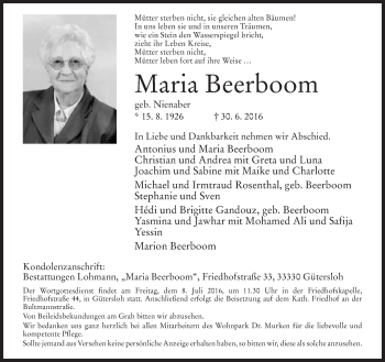 Traueranzeige von Maria Beerboom von Neue Westfälische