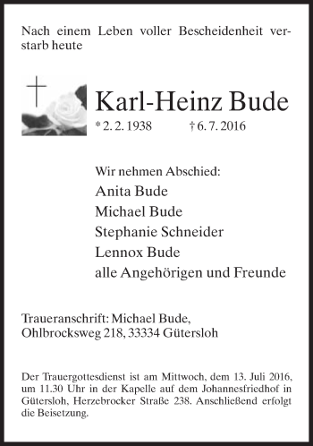 Traueranzeige von Karl-Heinz Bude von Neue Westfälische