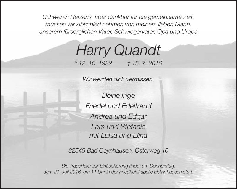  Traueranzeige für Harry Quandt vom 18.07.2016 aus Neue Westfälische