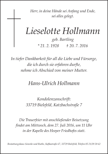 Traueranzeige von Lieselotte Hollmann von Neue Westfälische