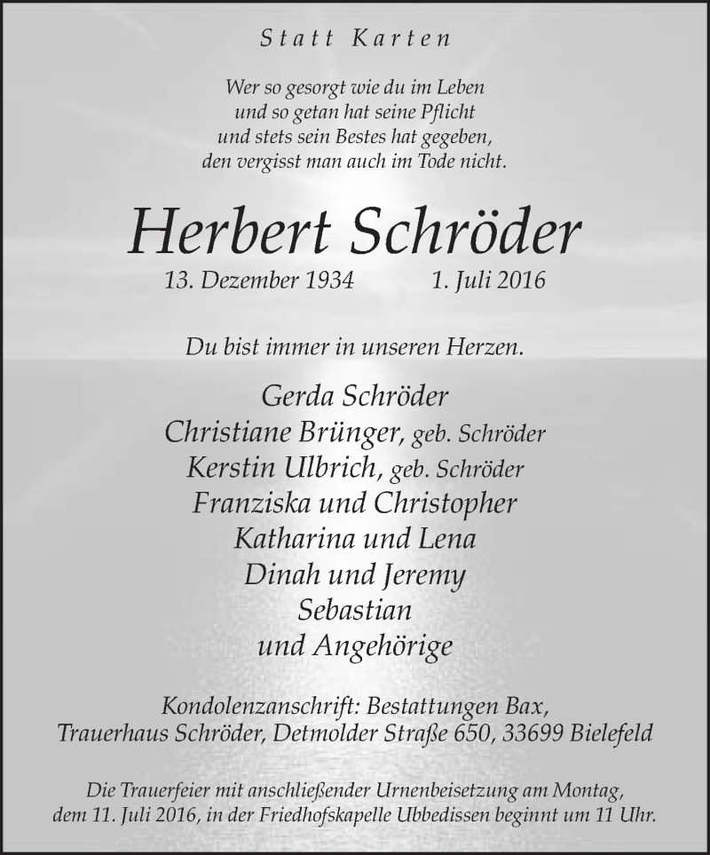  Traueranzeige für Herbert Schröder vom 05.07.2016 aus Neue Westfälische