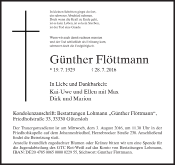 Traueranzeige von Günther Flöttmann von Neue Westfälische