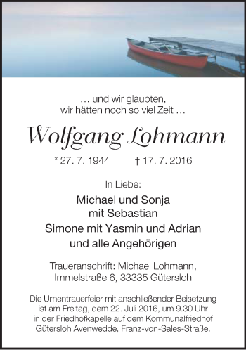 Traueranzeige von Wolfgang Lohmann von Neue Westfälische