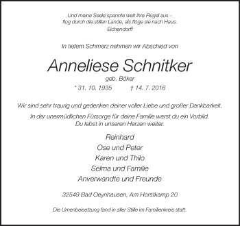 Traueranzeige von Anneliese Schnitker von Neue Westfälische