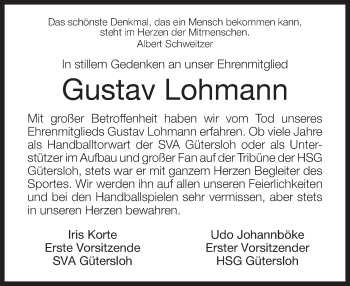 Traueranzeige von Gustav Lohmann von Neue Westfälische