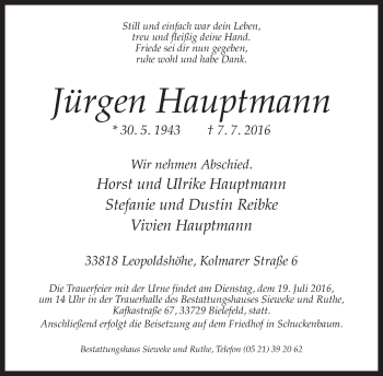 Traueranzeige von Jürgen Hauptmann von Neue Westfälische