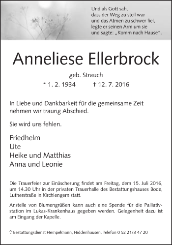 Traueranzeige von Anneliese Ellerbrock von Neue Westfälische