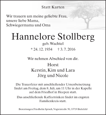 Traueranzeige von Hannelore Stollberg von Neue Westfälische