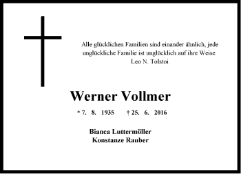 Traueranzeige von Werner Vollmer von Neue Westfälische