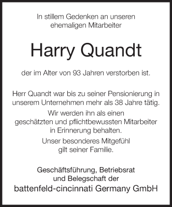 Traueranzeige von Harry Quandt von Neue Westfälische