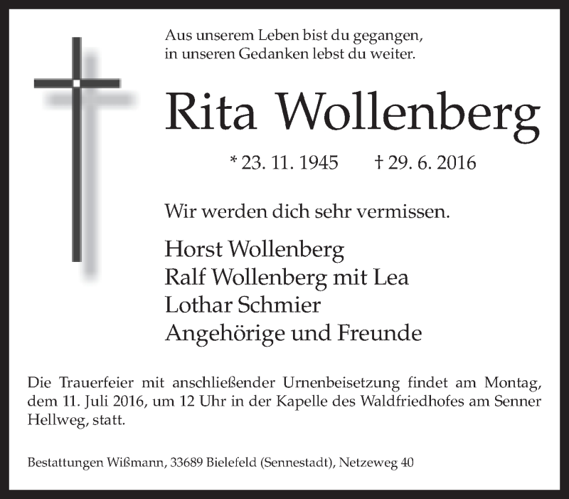  Traueranzeige für Rita Wollenberg vom 02.07.2016 aus Neue Westfälische