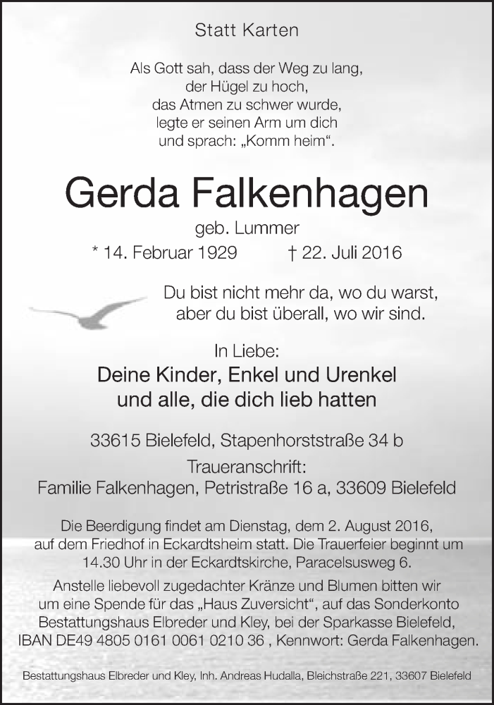  Traueranzeige für Gerda Falkenhagen vom 28.07.2016 aus Neue Westfälische