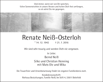 Traueranzeige von Renate Neiß-Osterloh von Neue Westfälische