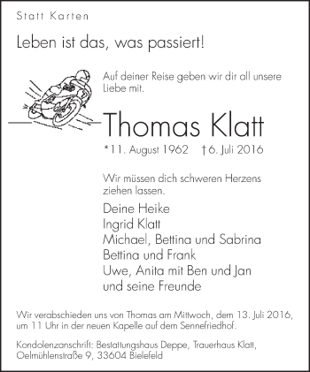 Traueranzeige von Thomas Klatt von Neue Westfälische