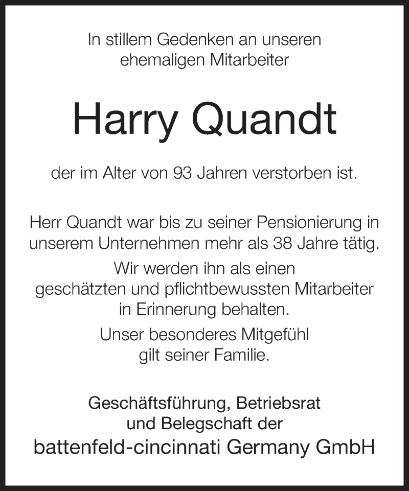  Traueranzeige für Harry Quandt vom 28.07.2016 aus Neue Westfälische