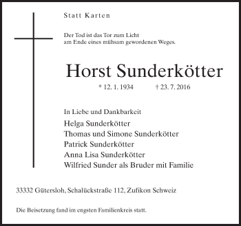 Traueranzeige von Horst Sunderkötter von Neue Westfälische