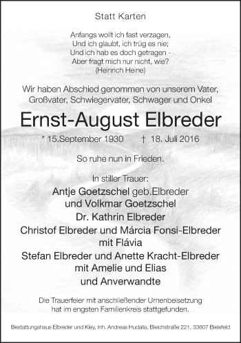 Traueranzeige von Ernst-August Elbreder von Neue Westfälische