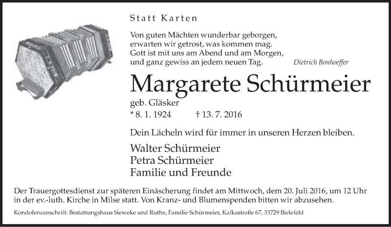  Traueranzeige für Margarete Schürmeier vom 16.07.2016 aus Neue Westfälische