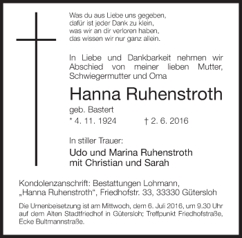 Traueranzeige von Hanna Ruhenstroth von Neue Westfälische