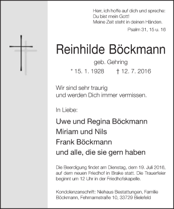 Traueranzeige von Reinhilde Böckmann von Neue Westfälische