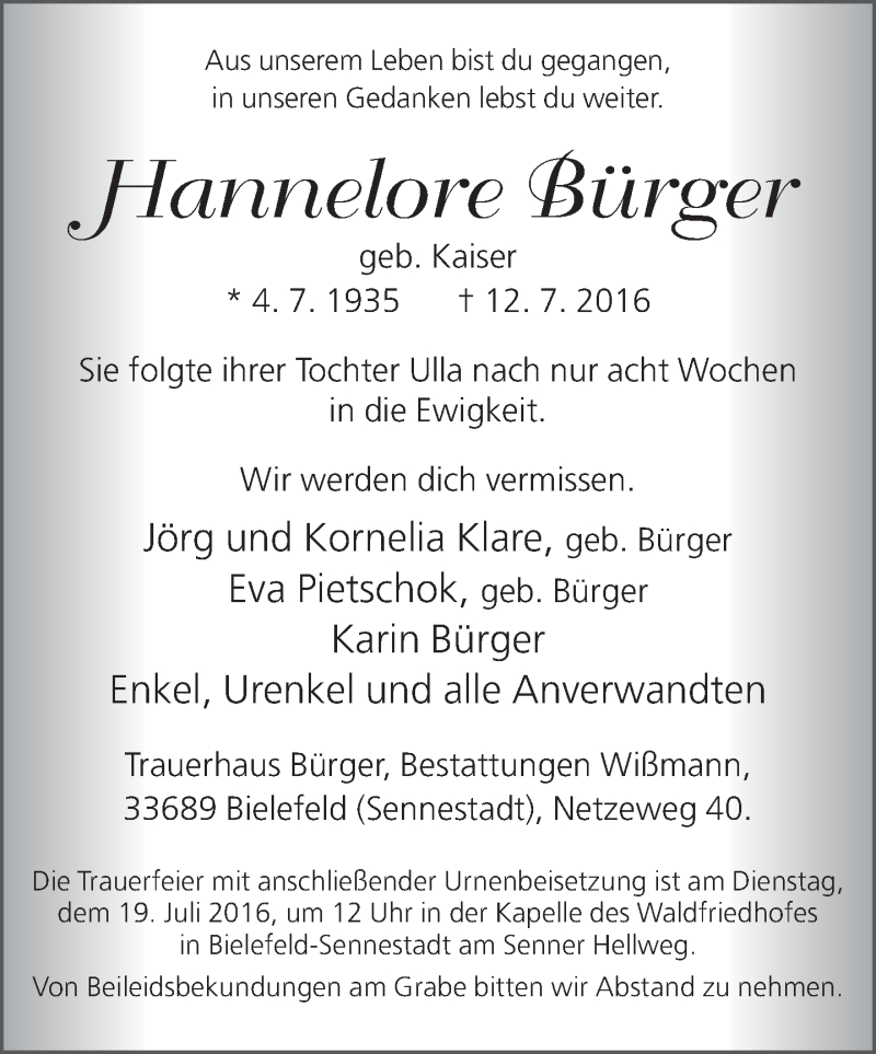  Traueranzeige für Hannelore Bürger vom 16.07.2016 aus Neue Westfälische