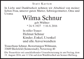 Traueranzeige von Wilma Schnur von Neue Westfälische