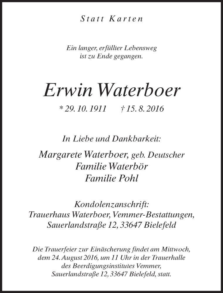  Traueranzeige für Erwin Waterboer vom 20.08.2016 aus Neue Westfälische