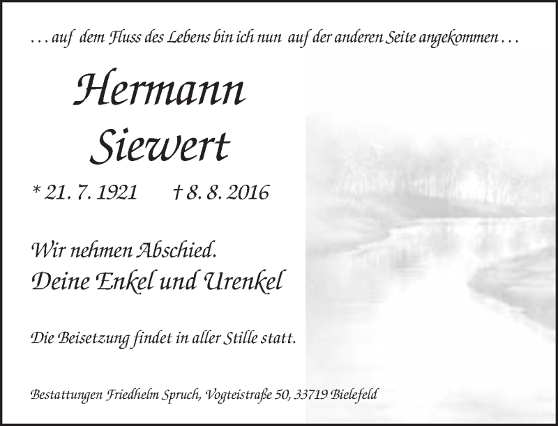  Traueranzeige für Hermann Siewert vom 13.08.2016 aus Neue Westfälische