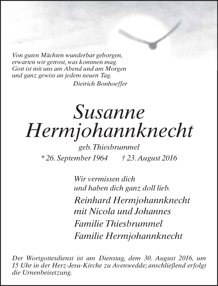 Traueranzeige für Susanne Hermjohannknecht vom 27.08.2016 aus Neue Westfälische