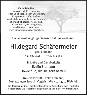 Traueranzeige von Hildegard Schäfermeier von Neue Westfälische