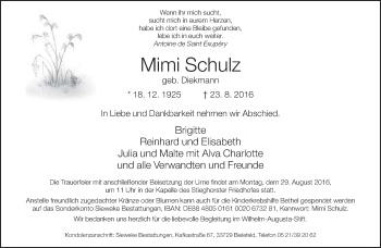 Traueranzeige von Mimi Schulz von Neue Westfälische