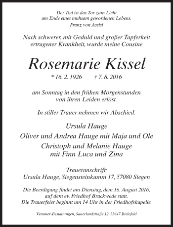 Traueranzeige von Rosemarie Kissel von Neue Westfälische
