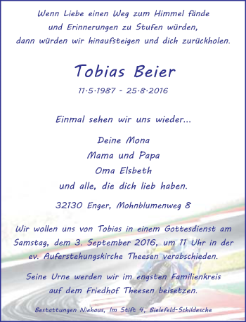 Traueranzeige von Tobias Beier von Neue Westfälische