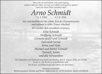 Traueranzeige von Arno Schmidt von Neue Westfälische