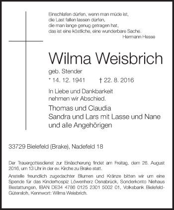 Traueranzeige von Wilma Weisbrich von Neue Westfälische