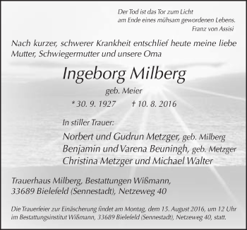Traueranzeige von Ingeborg Milberg von Neue Westfälische