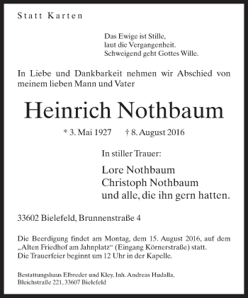 Traueranzeige von Heinrich Nothbaum von Neue Westfälische