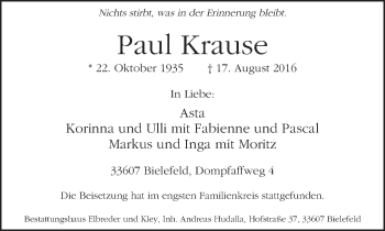 Traueranzeige von Paul Krause von Neue Westfälische