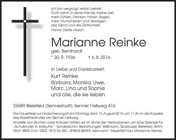 Traueranzeige von Marianne Reinke von Neue Westfälische