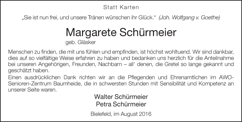  Traueranzeige für Margarete Schürmeier vom 27.08.2016 aus Neue Westfälische