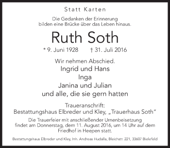 Traueranzeige von Ruth Soth von Neue Westfälische