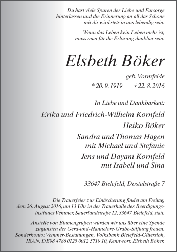 Traueranzeige von Elsbeth Böker von Neue Westfälische