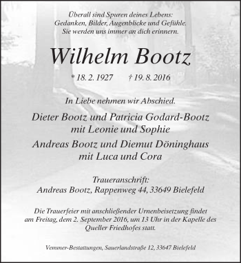 Traueranzeige von Wilhelm Bootz von Neue Westfälische