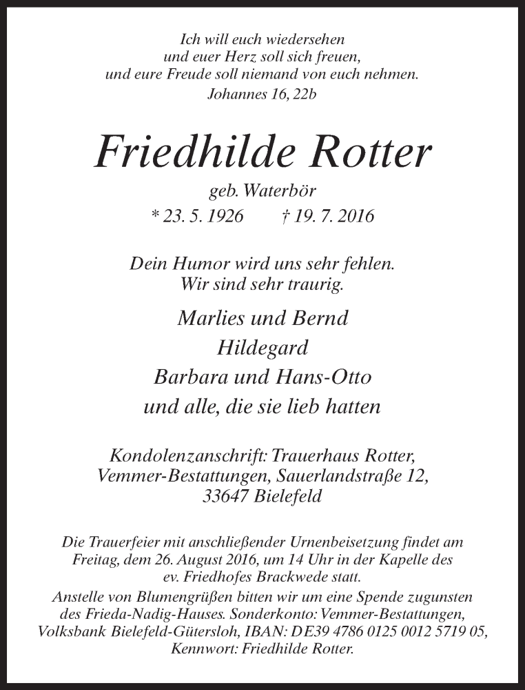  Traueranzeige für Friedhilde Rotter vom 06.08.2016 aus Neue Westfälische