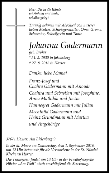 Traueranzeige von Johanna Gadermann von Neue Westfälische