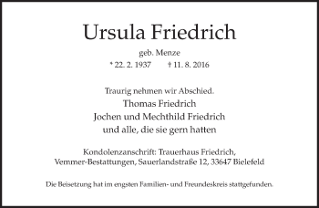 Traueranzeige von Ursula Friedrich von Neue Westfälische