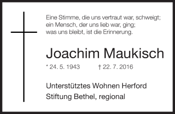 Traueranzeige von Joachim Maukisch von Neue Westfälische