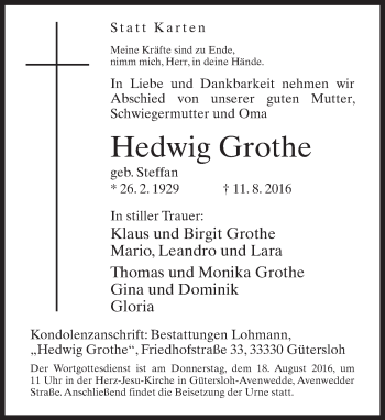 Traueranzeige von Hedwig Grothe von Neue Westfälische