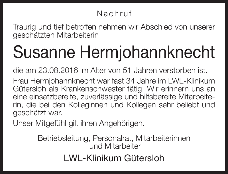  Traueranzeige für Susanne Hermjohannknecht vom 31.08.2016 aus Neue Westfälische